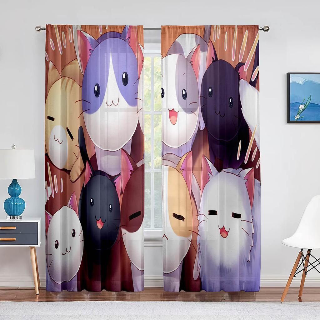 Lustige Cartoon Katze Tüllvorhänge für Wohnzimmer Schlafzimmer Dekoration Niedliche Kätzchen Tier Farbe Chiffon Transparent Voile Fenstergardine