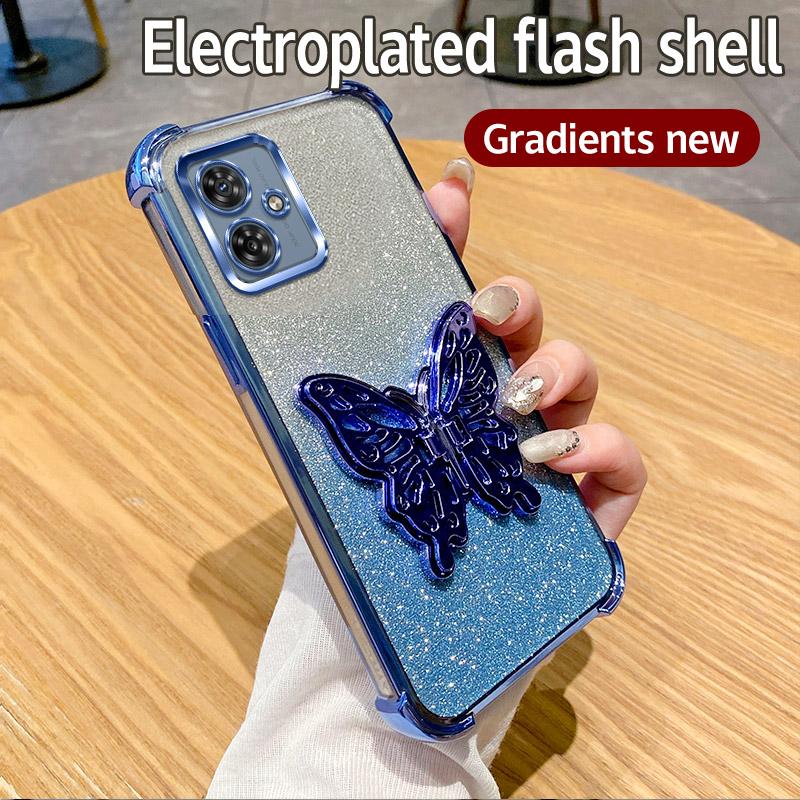 Luxury Plating Shockproof Butterfly Holder Phone Case For Motorola Moto G84 G54 G82 5G G52 G71S G10 G20 G30 Glitter Soft Cover