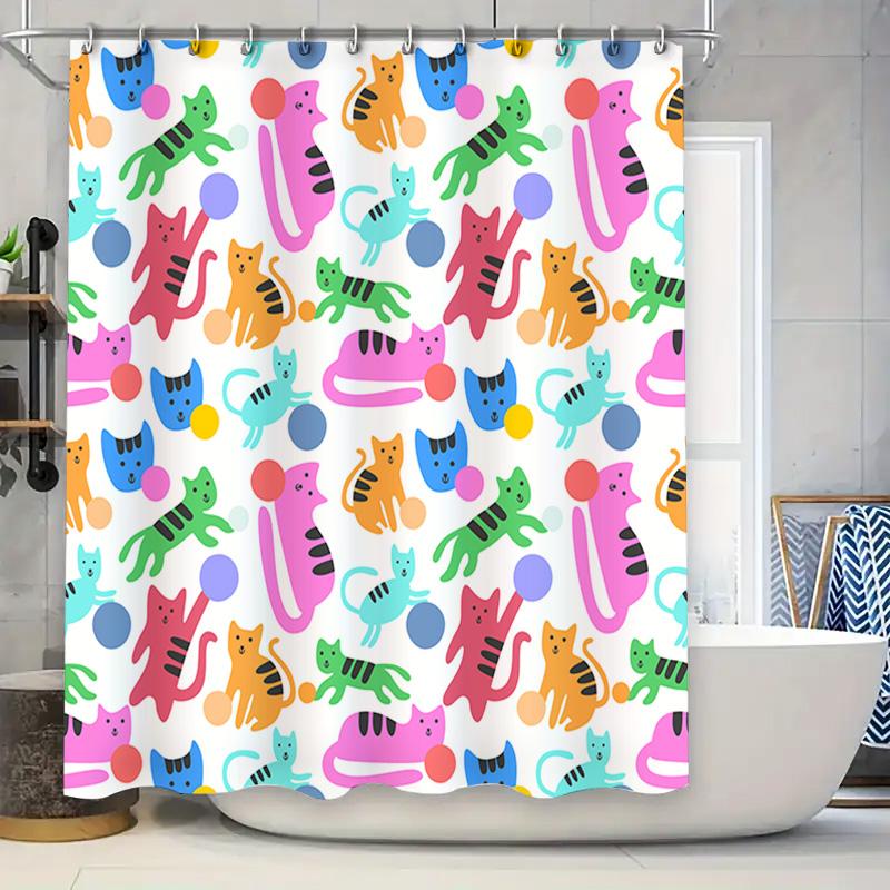 

Colorful Cat Shower Curtain Waterproof Bath Decor For Kids Bathroom Modern Design With Balls Bubbles Available In Multiple Sizes W60H190(CM)-1 Pcs
