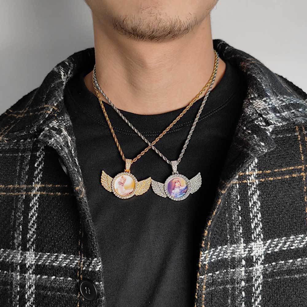 European-American Hip Hop Angel Wings Zircon Photo Frame Pendant Necklace