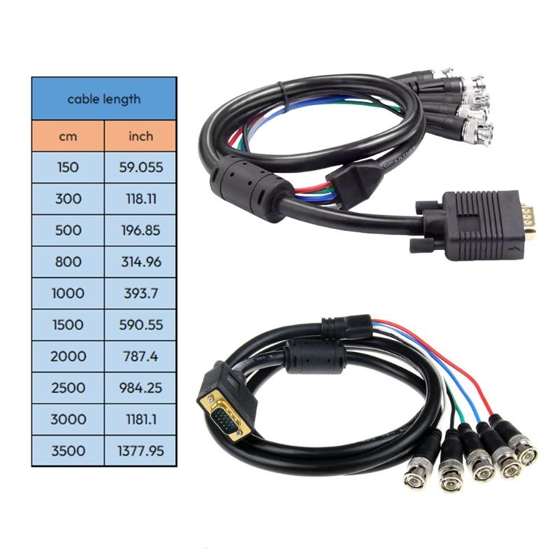 VGA To 5 BNC RGBHV Cable Male Connectors COnnection Cord High Resolution For Digital Screens And Monitors
