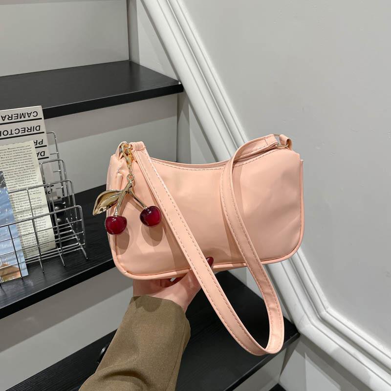 Women'S Pu Leather Handbag Versatile Fashion Solid Color Cherry Pendant Shoulder Bag Casual Commuting Bag Girl Underarm Bag