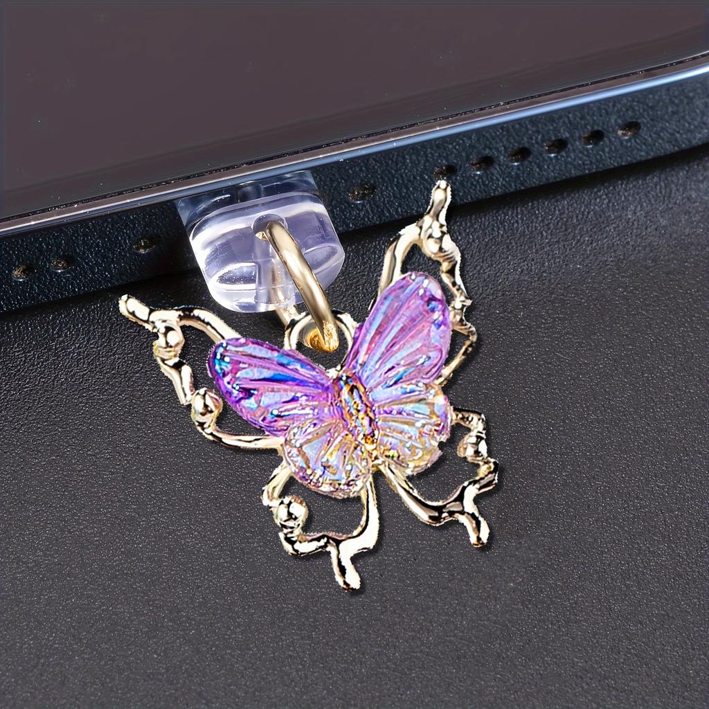 1pc Gradient Butterfly Alloy Metal Dust Plug for Mobile Phone, Decorative Charm Design, Debris Prevention Accessory