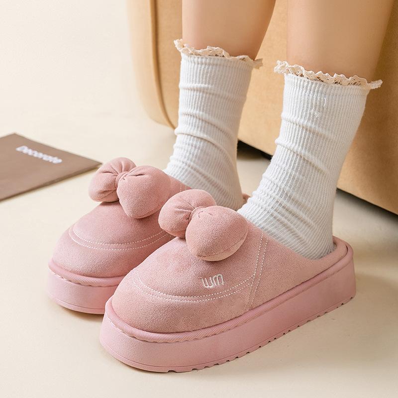 Bow Cotton Slippers Autumn and Winter Home Indoor Thickened Bottom Warm and Comfortable Plush Cotton Mop Non-slip