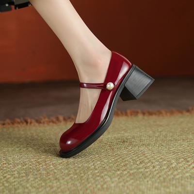Mode Plateau-Sandalen Damen Rot Schwarz Runde Zehenpartie Flache Mary Jane Schuhe für Damen Frühling Sommer Imitation Imitationsperle Zapato