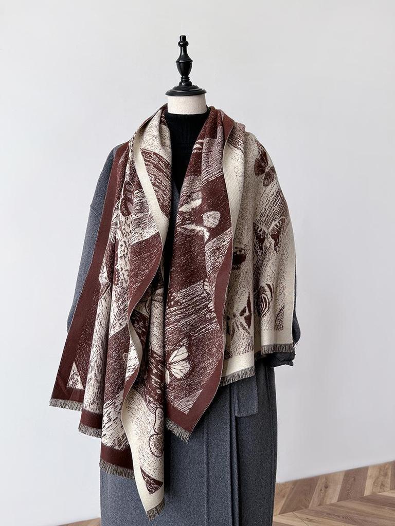 Luxury Butterfly Print Faux Cashmere Scarf: Warm, Stylish Color-Block Shawl for Women, Perfect Winter Neck Warmer