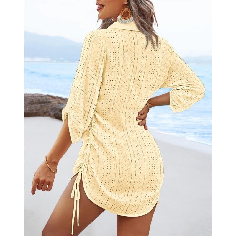 VEZFAA Women's Fashion Summer Spring Solid Color Print Short Sleeve V-Neck Loose Waistline Casual Dresses