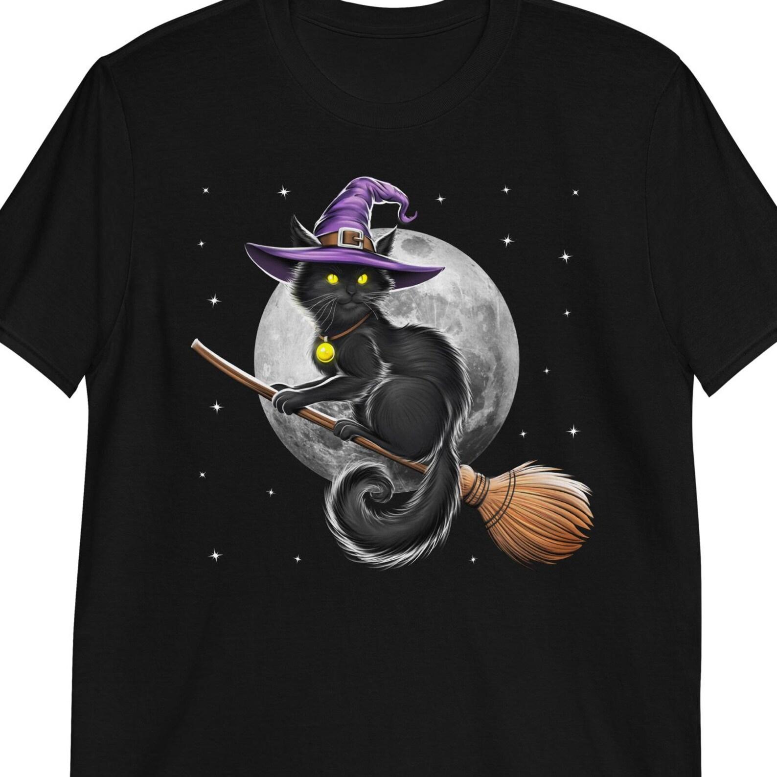 Cat Witch Riding Broom T-Shirt, Spooky Halloween Tee 160