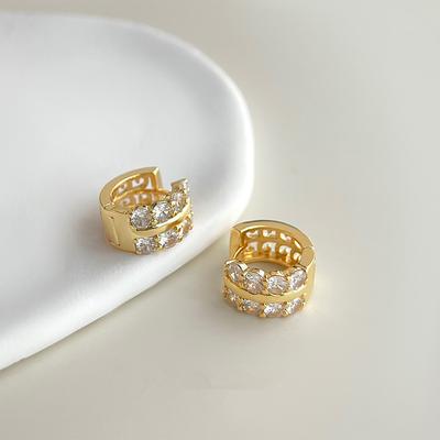 Korean Simple Double Zircon Copper Metal Hoop Earrings For Woman Exquisite Small Circle Earring Ladies Party Accessories