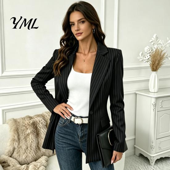 Lady Work Jacket Women Striped Blazer with One Button, Breathable Business Casual Outerwear Jacket, Long Sleeves Notch Lapel Collar Coat for Fall