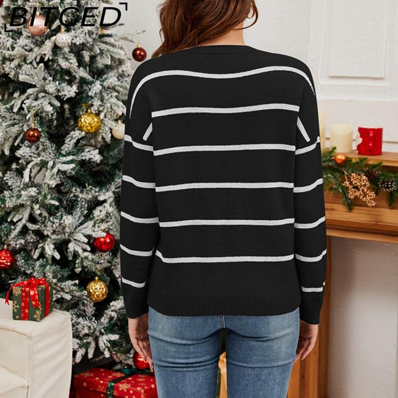 BITCED Knitted Base Layer Loose-Fit Sequined Embroidered Santa Claus Festive Striped Pullover