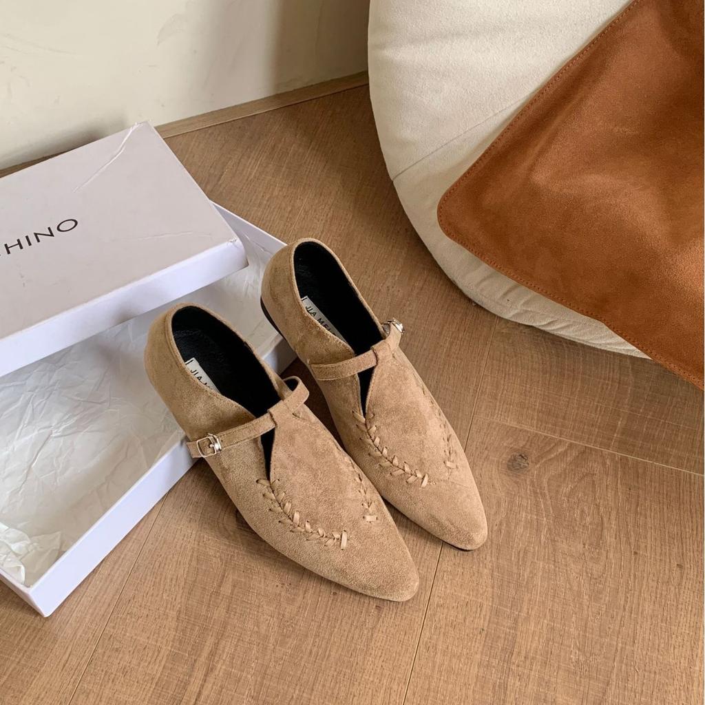 2025 Autumn New Light Mouth Suede Thick Heel Niche Soft Sole One Word with Woven Versatile Women's Single Shoes