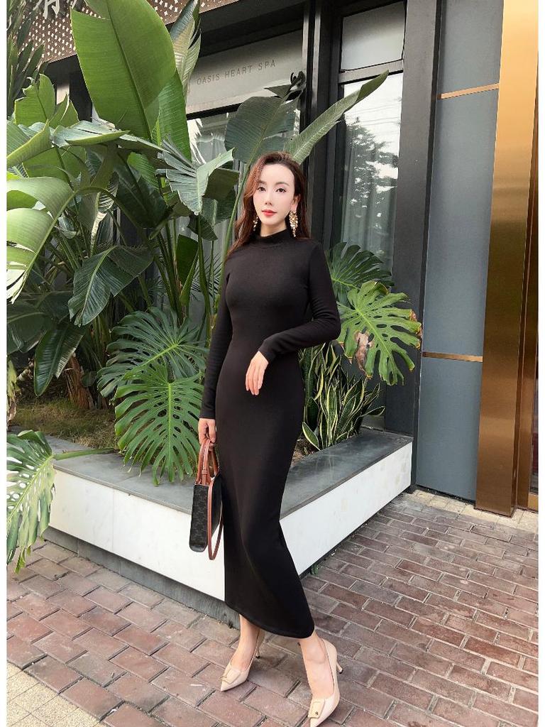 Elegant High-End Autumn Winter Dress: Warm, Semi-High Collar, Slimming Socialite Style