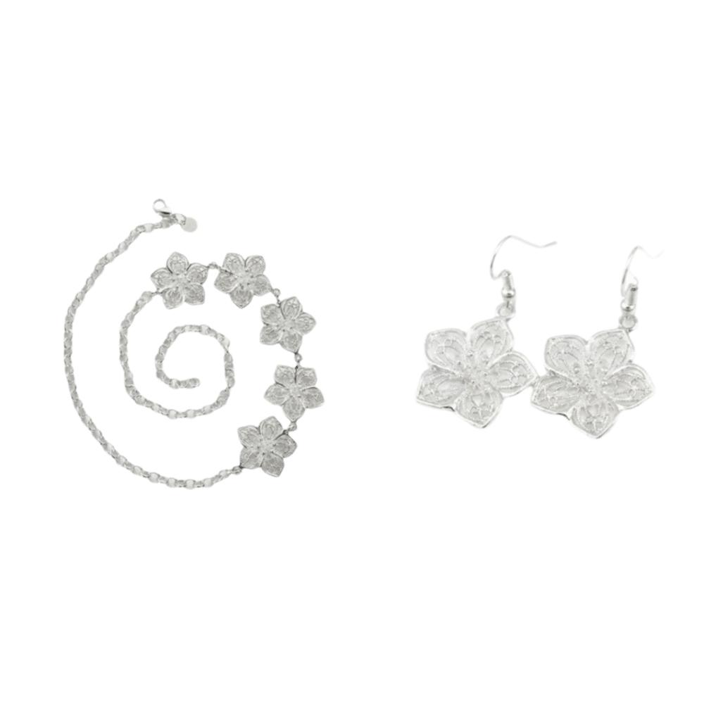 Silver Plated Hollow Flower Necklace Five Petal Flower Floral Drop Earrings Gift Necklace+Earrings