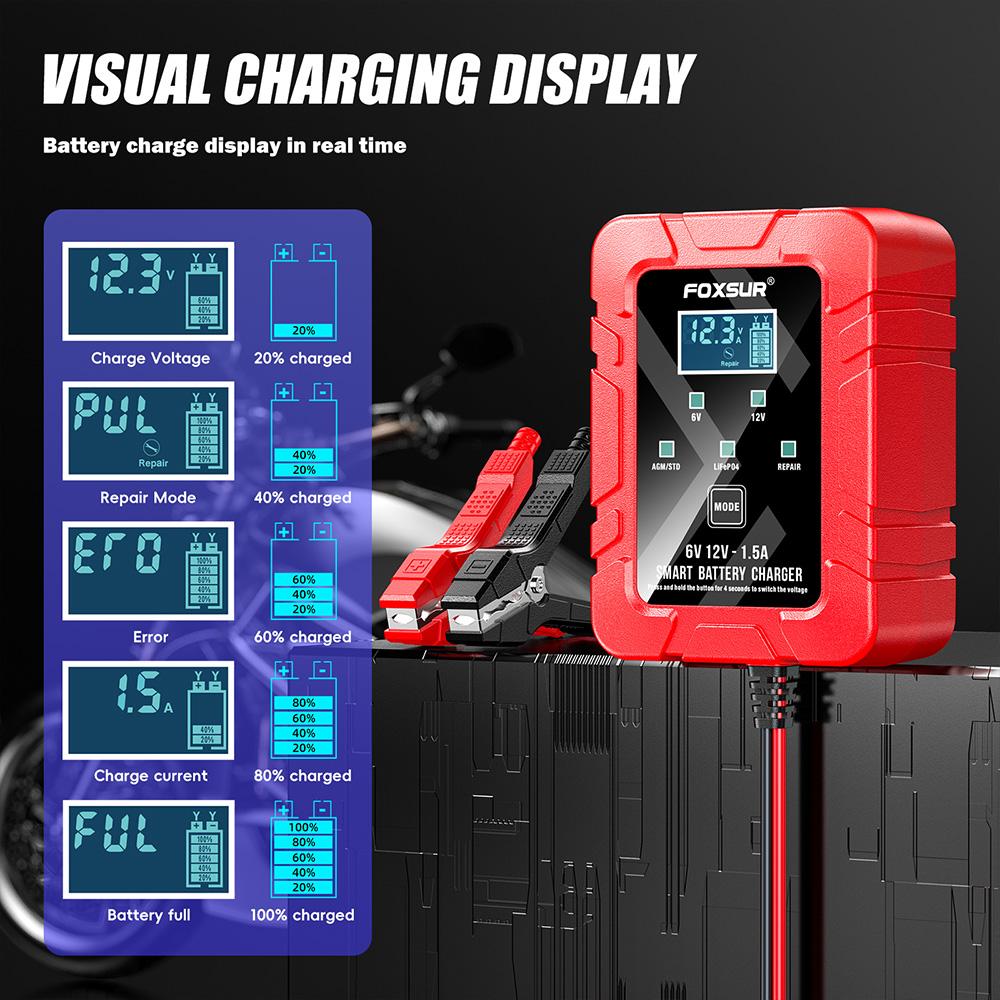 6V 12V 1.5A Automatic Smart Trickle Battery Charger Maintain Motorcycle Battery for Lead-acid GEL AGM SUV Boat for Honda