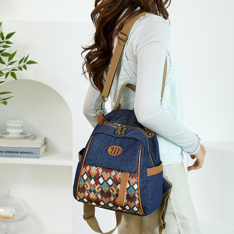 Vintage Color Block Backpack Ethnic Embroidery Shoulder Bag Large Capacity Backpack