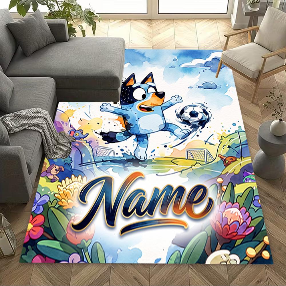 Bluey Soccer Adventure Personalized Text Floor Mat Perfect for Entryway Outdoor Playrooms Dining Room Antislip Carpet Decorate Offices