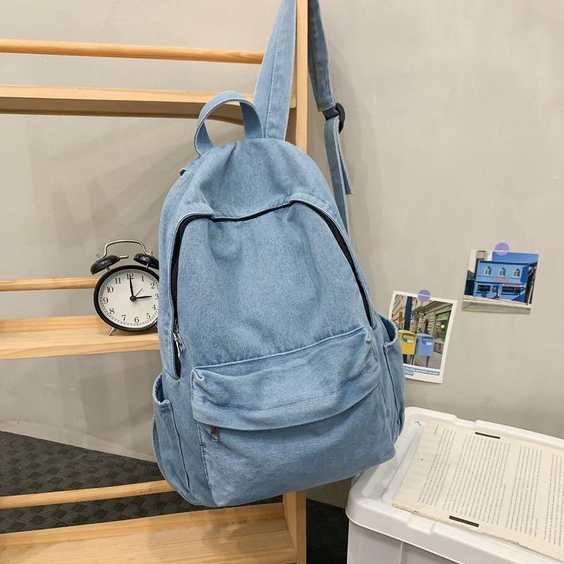 Large Capacity Denim Solid Color Student Backpack High Value Men and Women's Same New Casual Backpack