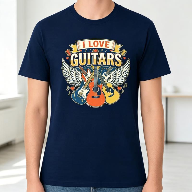 I Love Guitars Graphic T Shirt Vintage Guitar Print Unisex Soft Cotton Crew Neck Short Sleeve Trendy Casual Tops