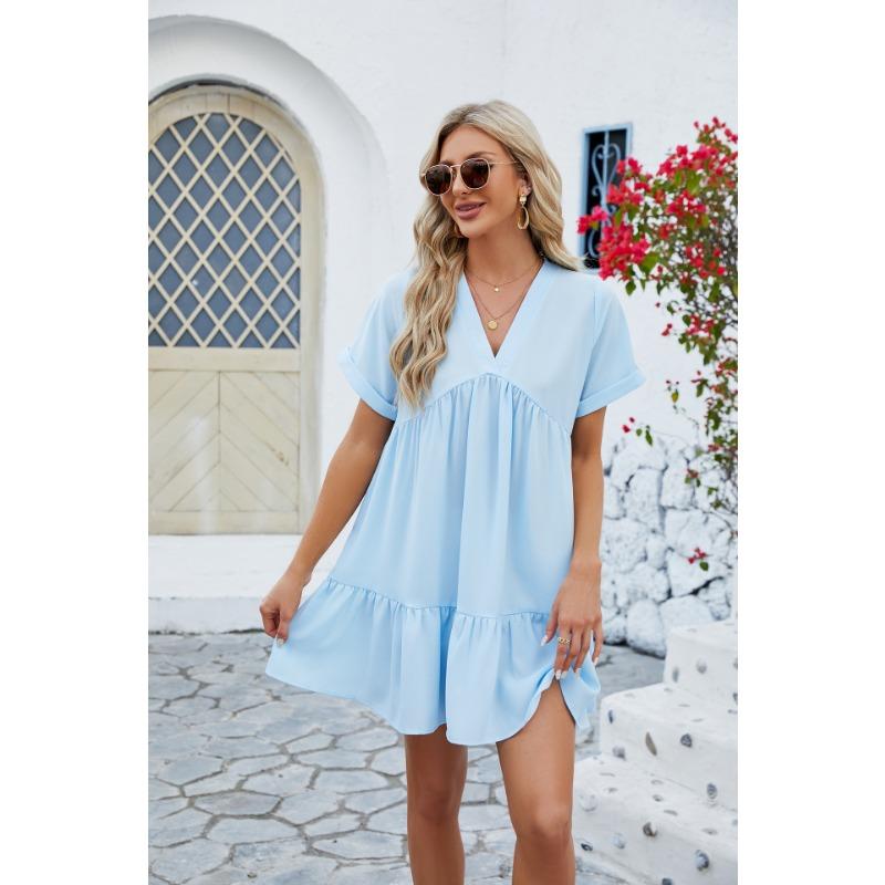 Summer Women's Dress New Solid Color V-Neck Loose Pleated Dresses