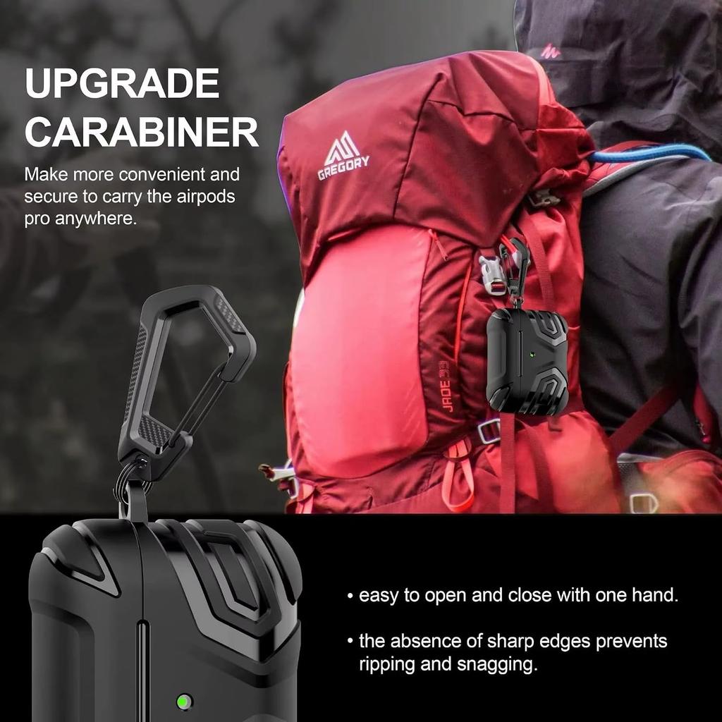 Protective AirPods Pro 2nd Generation Case Cover with Carabiner, with Keychain, Military-Grade Design, Full Body Protection, Black