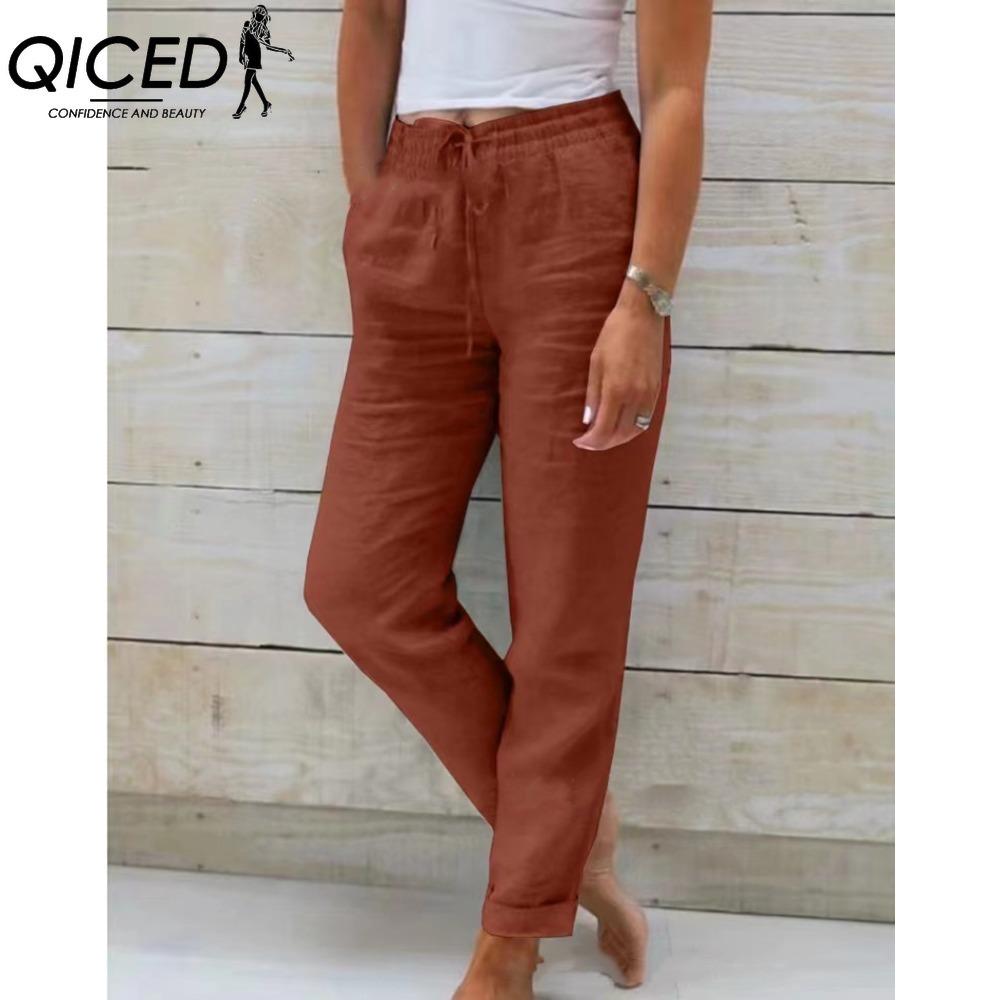 

QICED Женские летние брюки с широкими штанинами и эластичной талией, длиной девять очков XXL коричневый