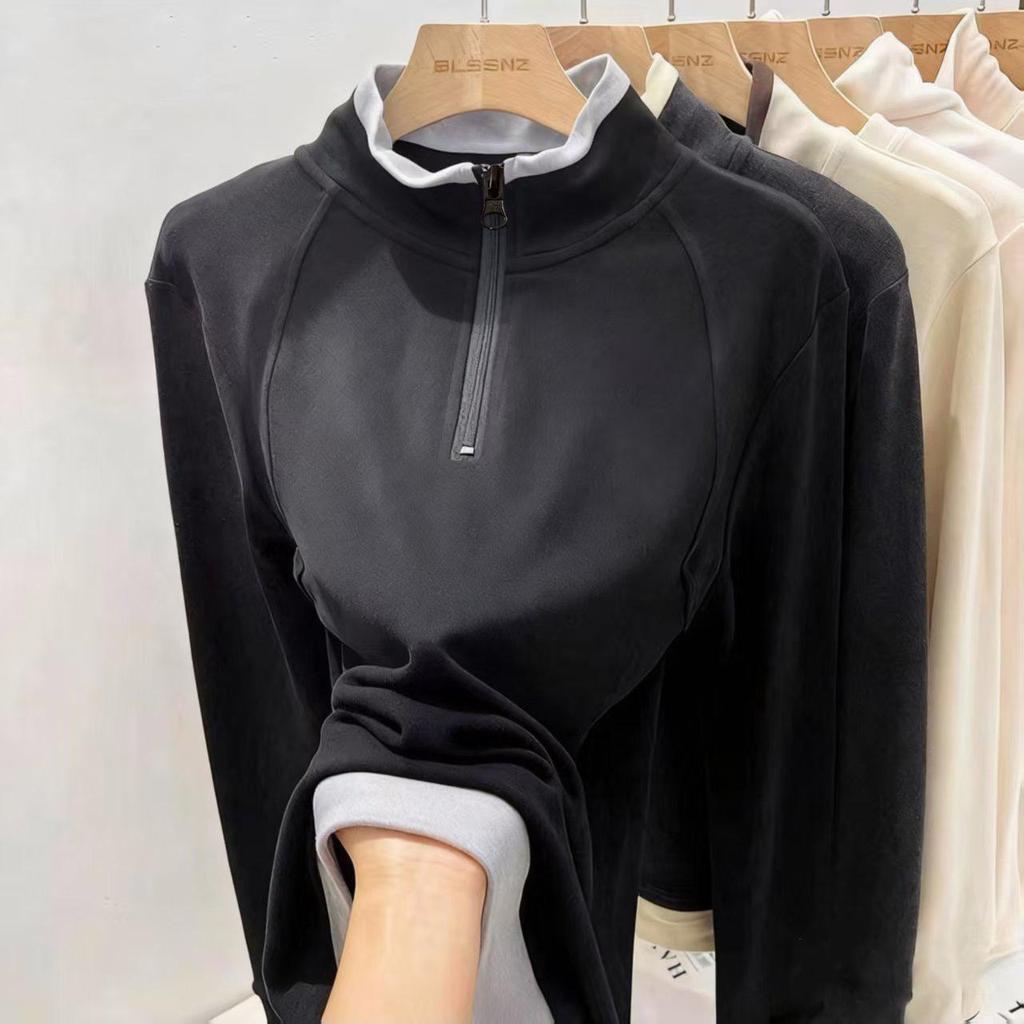 Women's 220g German Fleece Color Block Half-Zip Long Sleeve T-Shirt with Patchwork, Half-High Stand-Up Collar - Autumn/Winter Warm Base Layer