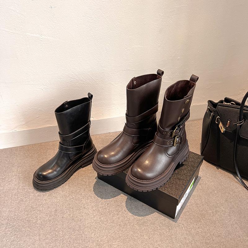 Women's Y2K Suede Ankle Cowboy Boots with Buckle Design, Thick Soles, and Round Toes.