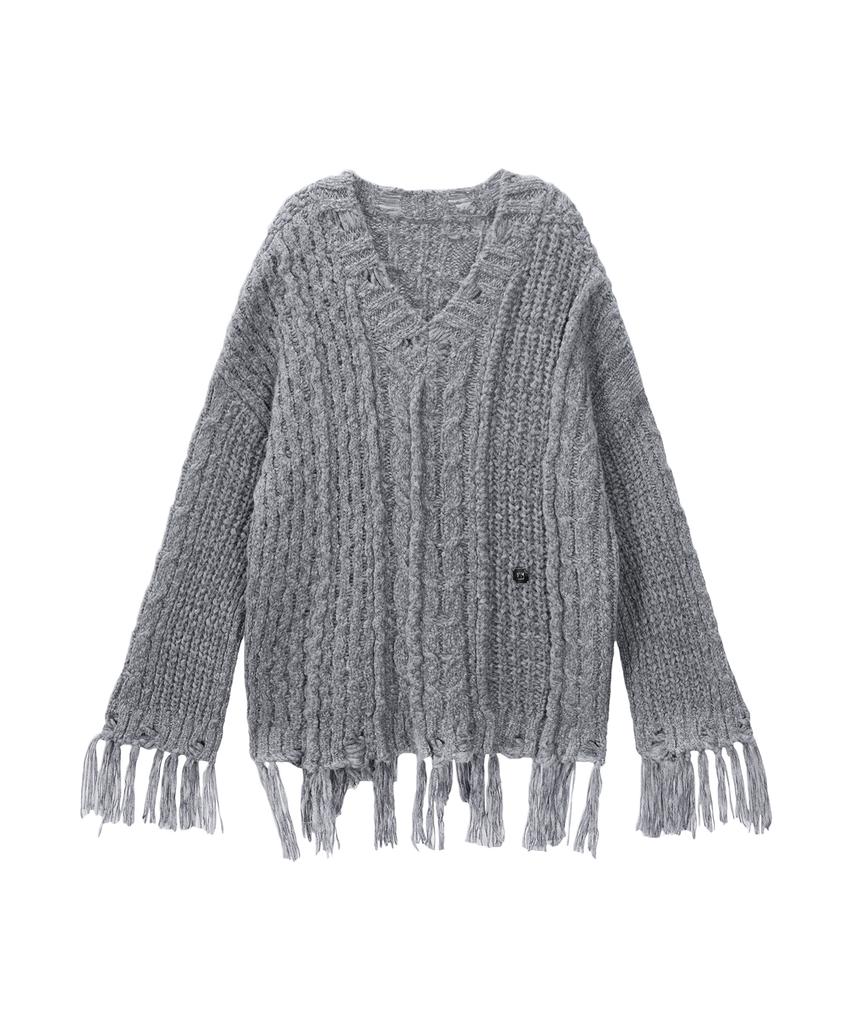 Teulimingbeodeu Wool Damage Tassel Knit Set-Up Pullover [ Gray ]