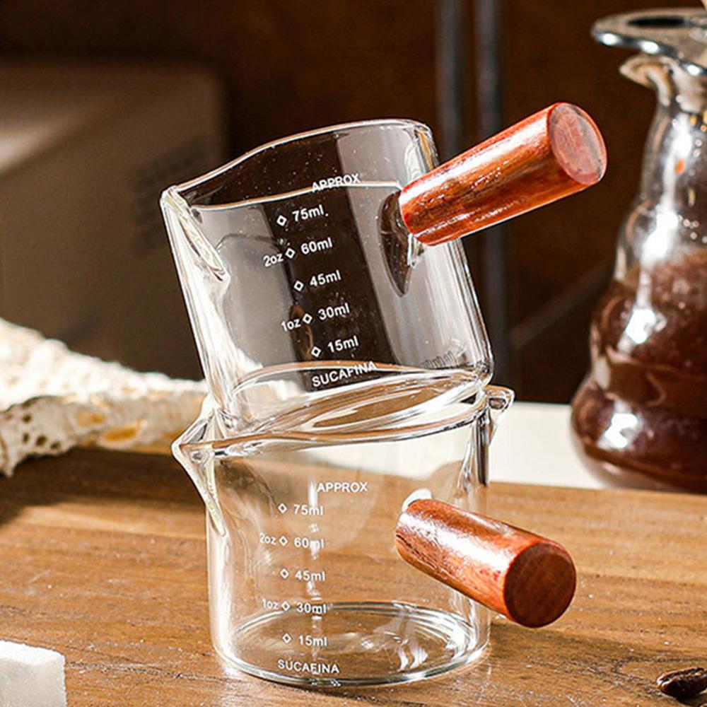 Double Spouts Measuring Triple Pitcher Milk Cup with Wood Handle 75ML Espresso Shot Glasses Parts Clear Glass