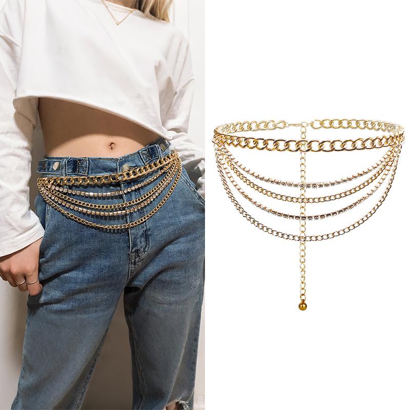 Sparkling Multilayered Metal Waist Chain Rhinestone Decor Golden Silvery Metal Chain Punk Dress Girdle For Women