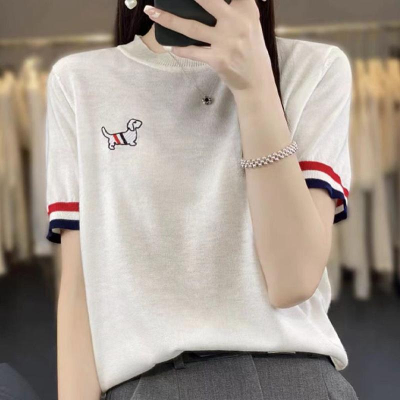 Ice Silk Short-sleeved T-shirt for Women Round Neck Sweater Embroidered Versatile Thin Loose Versatile Base Shirt Top