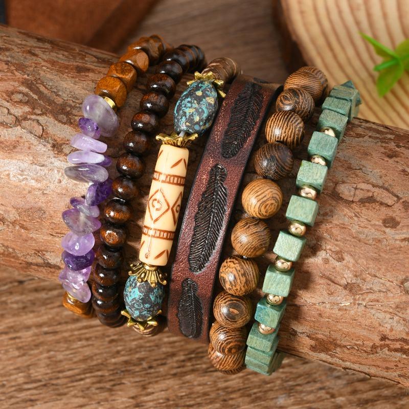 6-Piece new wooden bead beaded gravel leather men's and women's bracelets are suitable for daily wear by men and women