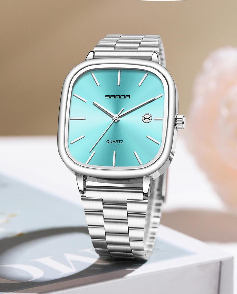 Sanda Fashionable Couple's Waterproof Quartz Watch with Calendar - Steel Strap, Square Design, Simple Bar Index
