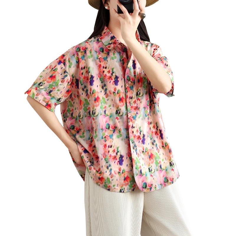 Summer Women's New Korean Version Printed Lapel Single-breasted Loose Short-sleeved Shirt Blouse Top