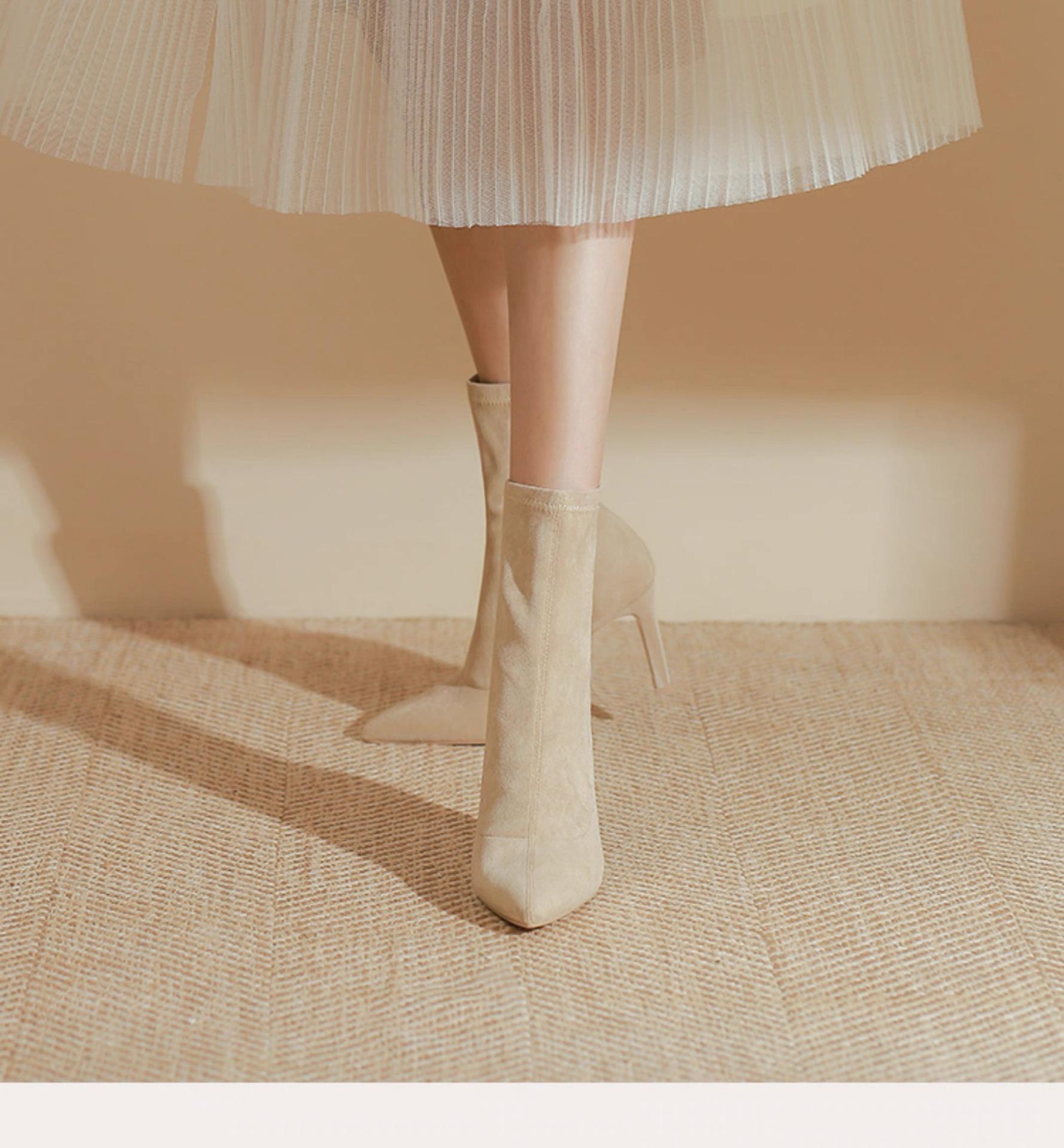 

apricot high-heeled pointed short boots women s thin-heeled suede versatile 2025 new autumn and winter Korean version thin boots socks boots 39 абрикосовый