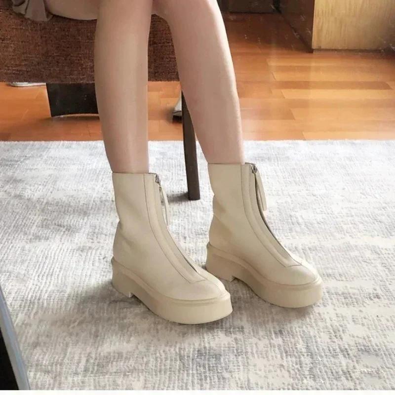 Female 2025 Autumn/Winter Front Zipper Leather Thick Sole Ankle Boots British Style Thick Heel Fashion Plush Women's Short Boot