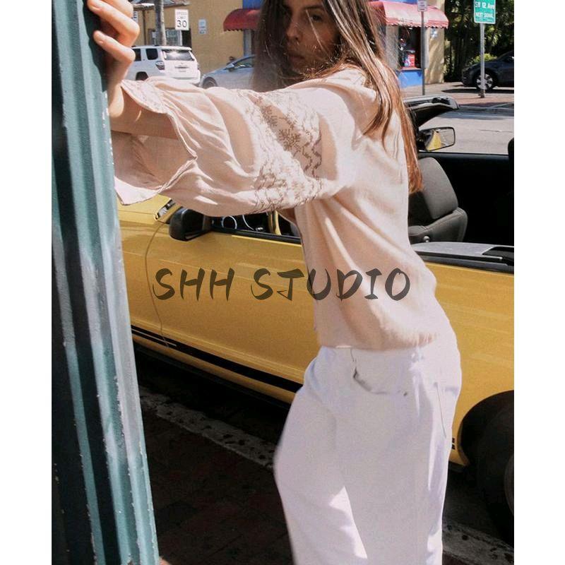 Spring New Women's Clothing French Style Patchwork Embroider Fashion Minimalist Temperament Crew Neck Long Sleeves Shirt 3564053