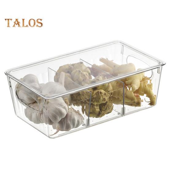 Food Storage Box Non-skid Bottom Transparent with Handle And 2 Removable Divider Vegetable Fruit Caddy Bin Fridge Pantry Kitchen Snacks Seasoning Tea
