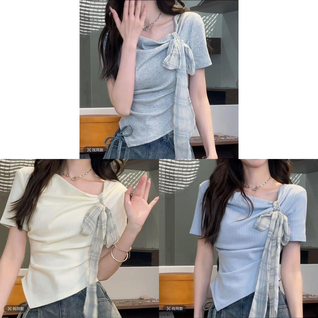 Dopamine Summer Fashion Short Sleeve T Shirt With Bow Tie And Asymmetric Pattern For Women
