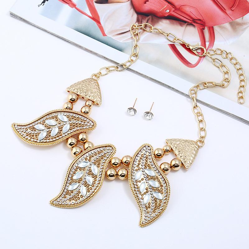 Leaf Necklace Vintage Set With Rhinestone Decor And Geometric Style For Women