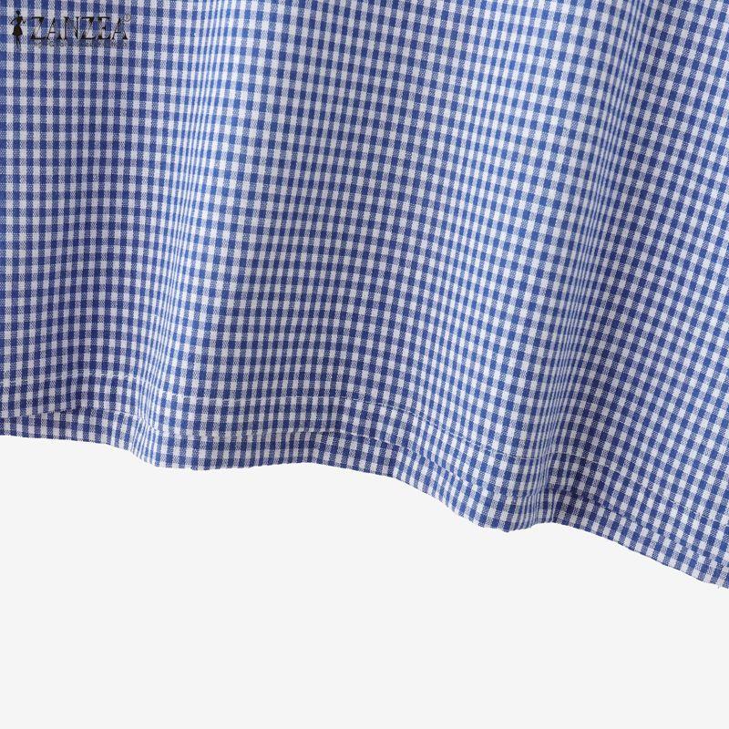 ZANZEA Blusa Casual de Mujer con Estampado a Cuadros, Cuello en V y Mangas 3/4, Holgada