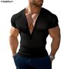 INCERUN Summer Men V Neck Short Sleeve Mesh See Through Hollow T-shirts Tops