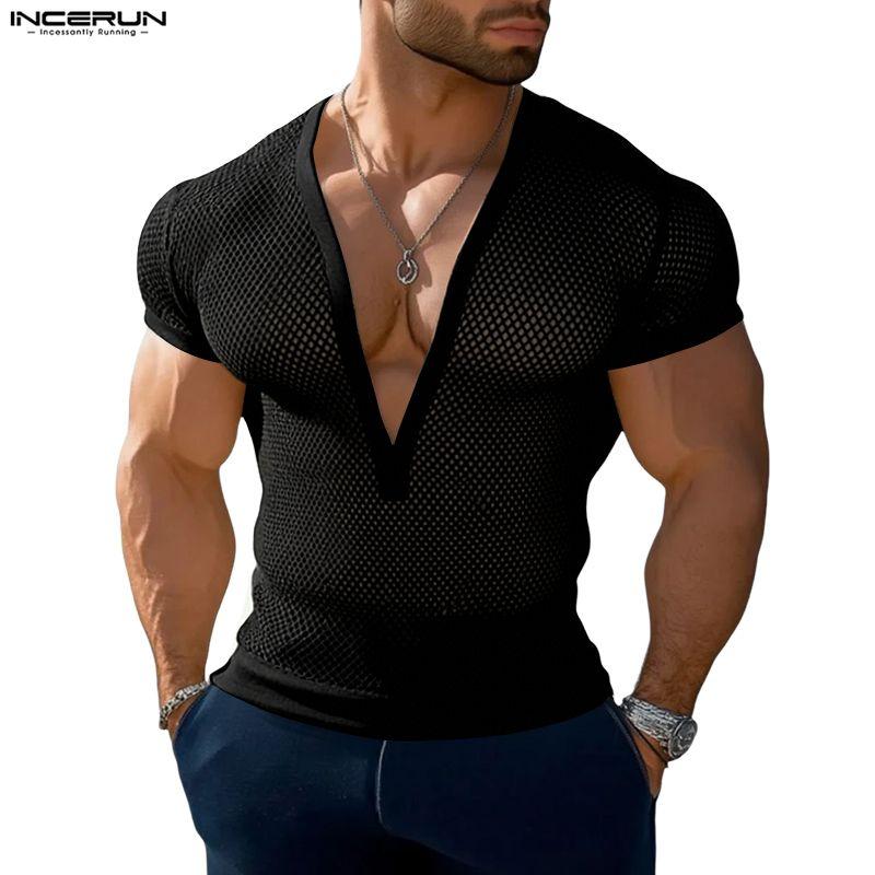 INCERUN Summer Men V Neck Short Sleeve Mesh See Through Hollow T-shirts Tops