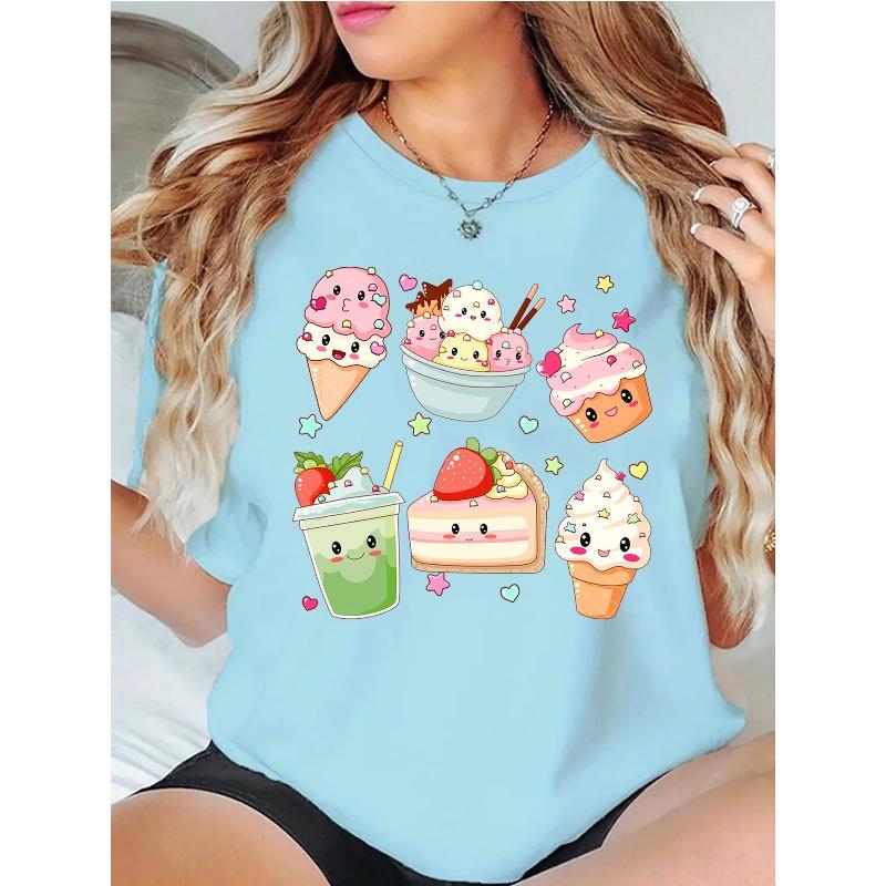New Spring and Summer Round Neck Hoodie T-shirt Cute Dessert Cartoon Printed Pattern Round Neck Hoodie Women's T-shirt