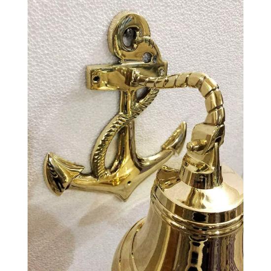 Brass Wall Hanging Ship Bell Antique Nautical Brass Anchor Door Bell Decor, 6" Inches Wall Hanging Indoor Brass Bell