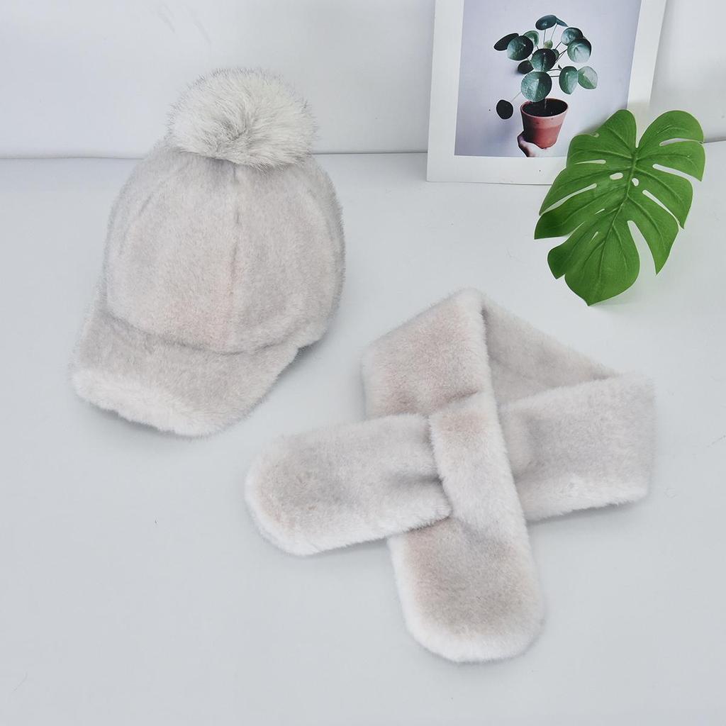 Autumn Winter Faux Mink Fur Baseball Cap for Women with Pom Pom, Faux Fur Warm Fleece Hat Scarf Set For Outdoor Travel