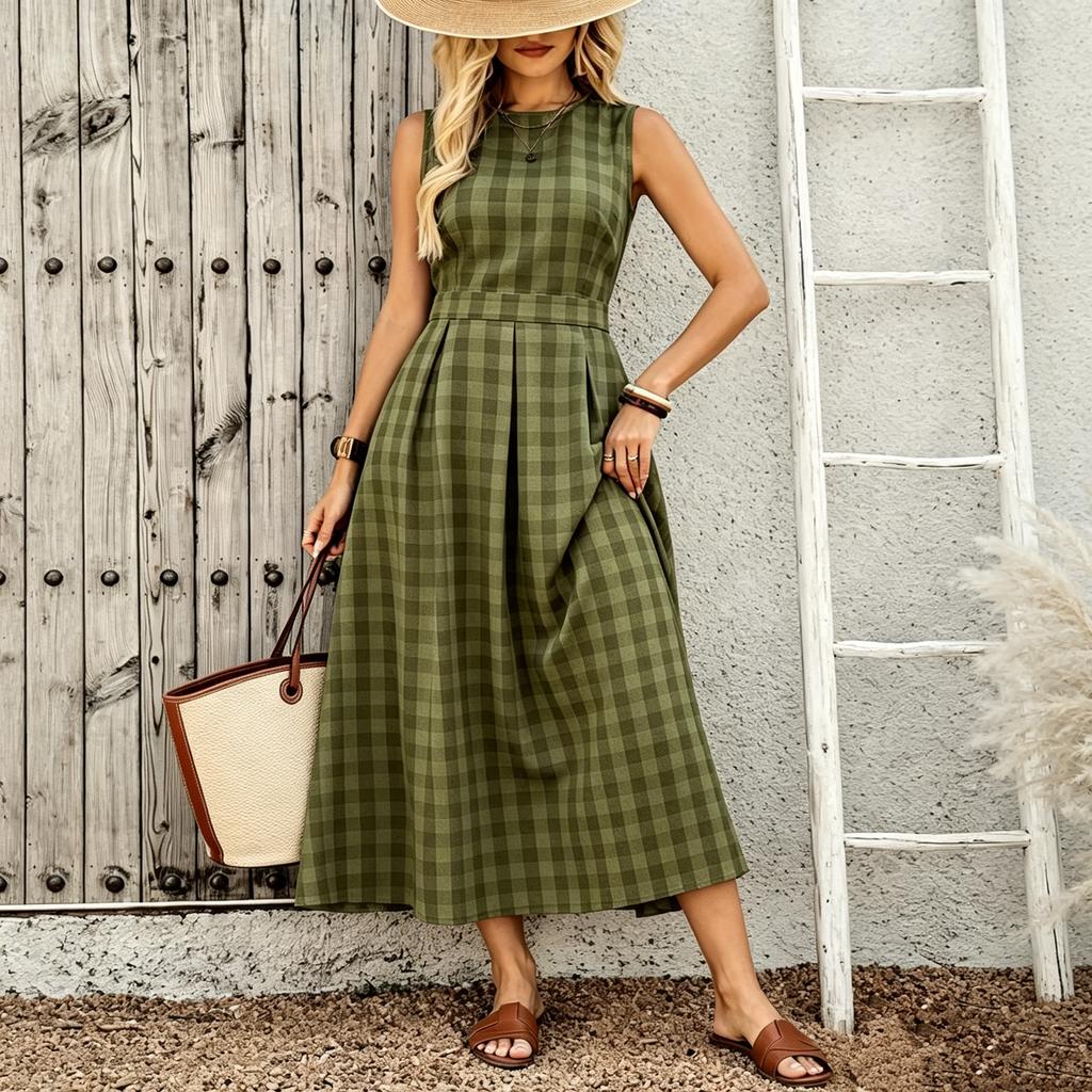 Women's Sleeveless Plaid Dress Round Neck Waist Cinched Midi Length Casual Summer Dress with Pockets and A-Line Silhouette