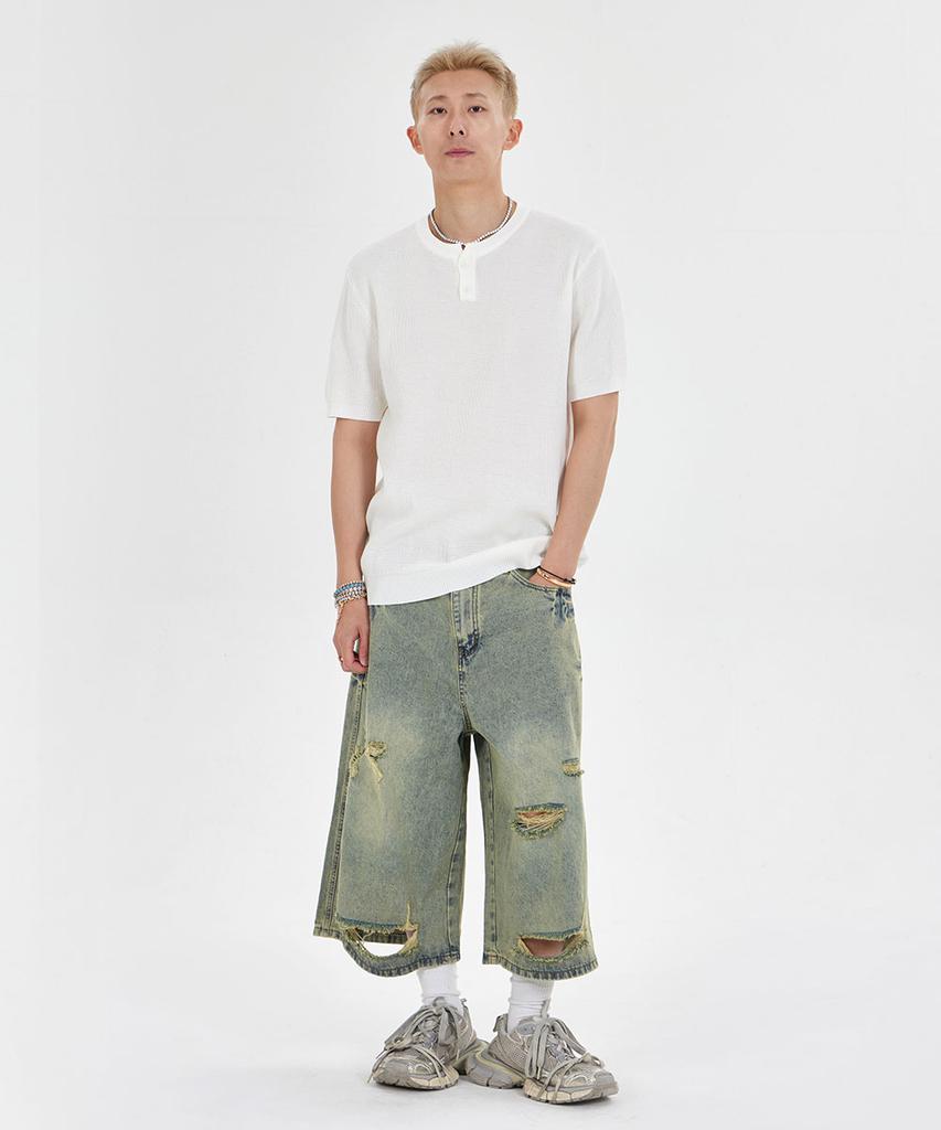 MAKEITTO Henley Neck Waffle Short Sleeve T-Shirt_White