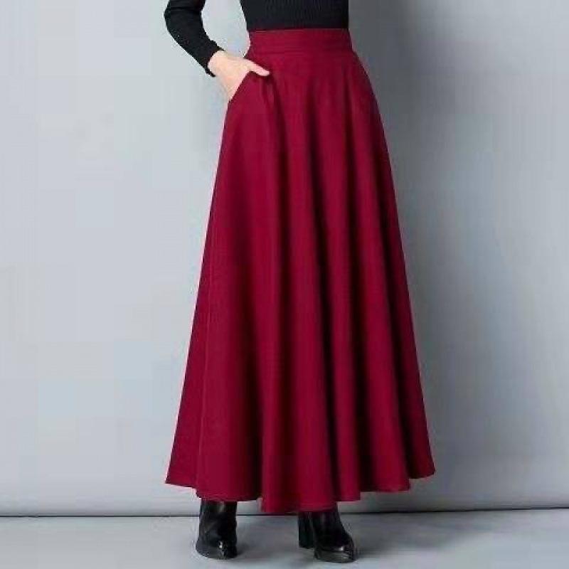 Autumn Black Gray Large Size Woolen Long Skirt Women Fashion Korean Ladies Red High Waist Festival Pleated A-line Skirts